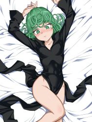Rule 34 | 1girl, arms up, bad id, bad twitter id, bed, between legs, black dress, blush, bottomless, breasts, cameltoe, covered erect nipples, cowboy shot, curly hair, dress, female focus, funnyari, green eyes, green hair, looking at viewer, lying, matching hair/eyes, on back, one-punch man, shiny skin, short hair, small breasts, solo, tatsumaki, thighs, tight clothes, tight dress