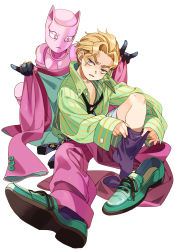 Rule 34 | 1boy, age regression, aged down, apple972, blonde hair, blue eyes, child, formal, inzup, jojo no kimyou na bouken, killer queen, kira yoshikage, necktie, oversized clothes, shoes, simple background, single shoe, stand (jojo), suit