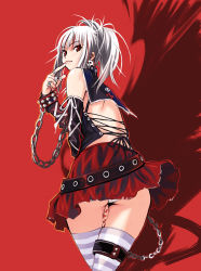 Rule 34 | 1girl, chain, detached sleeves, highres, jewelry, lips, looking back, multicolored hair, nail polish, panties, pantyshot, red eyes, red theme, ring, ryoji (nomura ryouji), silver rain, skirt, solo, striped clothes, striped thighhighs, thighhighs, underwear, upskirt, white hair