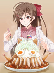 Rule 34 | &gt;:), 10s, 1girl, ahoge, anti (untea9), apron, blush, brown hair, commentary request, curry, flag, food, hair ornament, hair ribbon, hairclip, highres, kantai collection, kappougi, ladle, long hair, mamiya (kancolle), ponytail, pork, ribbon, simple background, smile, solo, steam, sweat, tempura, v-shaped eyebrows, z flag, zulu (naval flag)