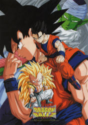 Rule 34 | 1990s (style), abs, aqua eyes, black eyes, black hair, blonde hair, boots, cape, character name, clenched hands, colored skin, copyright name, dougi, dragon ball, dragonball z, english text, father and son, fighting stance, gotenks, green skin, highres, long hair, male focus, metamoran vest, muscular, muscular male, namekian, no eyebrows, non-web source, official art, piccolo, pointy ears, profile, retro artstyle, saiyan, serious, short hair, smile, son gohan, son goku, super saiyan, super saiyan 3, turban, very long hair, widow&#039;s peak, wristband