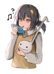 Rule 34 | 1girl, ?, absurdres, advarcher, beamed eighth notes, black hair, blue eyes, blush, collared shirt, cropped torso, eighth note, hair between eyes, heterochromia, highres, holding, holding instrument, instrument, long sleeves, low twintails, musical note, ocarina, original, otamatone, puffy long sleeves, puffy sleeves, red eyes, shirt, short twintails, simple background, sleeves past wrists, solo, sweater vest, twintails, upper body, virtual youtuber, white background, white shirt