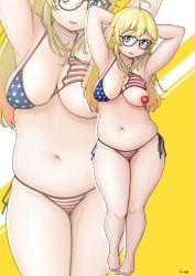 Rule 34 | 1girl, ahoge, american flag, american flag bikini, american flag print, arms behind head, bikini, black-framed eyewear, blonde hair, blue eyes, breasts, breasts apart, commentary request, commission, flag print, full body, glasses, highres, long hair, looking at viewer, looking to the side, multiple views, navel, open mouth, original, pasties, print bikini, shigekikkusu, side-tie bikini bottom, sidelocks, signature, skeb commission, skindentation, standing, string bikini, striped bikini, striped clothes, swimsuit, thick arms, thick thighs, thighs, yellow background