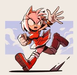 Rule 34 | 1girl, amy rose, boots, commentary, dress, fangs, full body, furrowed brow, furry, furry female, gloves, green eyes, hairband, hedgehog ears, hedgehog tail, highres, hoodedmask, open mouth, pink hair, pleated dress, red dress, red footwear, red hairband, running, short dress, smile, solo, sonic (series), waving, white gloves