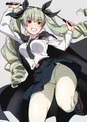 Rule 34 | 10s, 1girl, anchovy (girls und panzer), belt, blush, breasts, brown eyes, cape, drill hair, girls und panzer, green eyes, grin, hair ribbon, highres, kat (bu-kunn), loafers, looking at viewer, necktie, pantyhose, ribbon, riding crop, shoes, skirt, smile, solo, teeth, twin drills, whip, white pantyhose