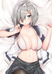 Rule 34 | 1girl, bed sheet, black pantyhose, blue eyes, blush, bra, breasts, cleavage, closed mouth, collarbone, cowboy shot, eyebrows hidden by hair, female focus, grey skirt, hair ornament, hair over one eye, hairclip, hamakaze (kancolle), highres, kantai collection, large breasts, linea alba, looking at viewer, lying, miniskirt, navel, on back, open clothes, open shirt, pantyhose, pleated skirt, school uniform, serafuku, shiny skin, short hair, short sleeves, siesta (artist), silver hair, skirt, solo, stomach, strap pull, striped, underwear, white bra