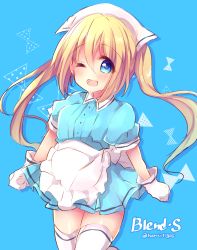 Rule 34 | 1girl, ;d, apron, blend s, blonde hair, blue background, blue eyes, blue shirt, blue skirt, blush, commentary request, copyright name, frilled apron, frills, gloves, hair between eyes, haru ichigo, head scarf, highres, hinata kaho, long hair, looking at viewer, one eye closed, open mouth, puffy short sleeves, puffy sleeves, shirt, short sleeves, skirt, smile, solo, standing, standing on one leg, thighhighs, twintails, twitter username, uniform, very long hair, waist apron, waitress, white apron, white gloves, white thighhighs