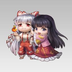 Rule 34 | 2girls, bamboo print, barefoot, black eyes, black hair, blunt bangs, bow, chibi, chinese commentary, clenched teeth, collar, collared shirt, commentary request, fire, floral print, frilled skirt, frilled sleeves, frills, frown, fujiwara no mokou, gradient background, grey background, hair bow, hand on own hip, highres, hime cut, holding another&#039;s arm, houraisan kaguya, long hair, long skirt, long sleeves, multiple girls, multiple hair bows, ofuda, ofuda on clothes, open mouth, pants, pink shirt, pointing, red eyes, red pants, red skirt, red trim, sdz (inazuma), shirt, skirt, sleeve garter, smile, suspenders, teeth, thick eyebrows, touhou, v-shaped eyebrows, very long hair, white bow, white collar, white hair, white shirt, wide sleeves, yuri