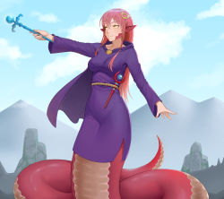 Rule 34 | 1girl, breasts, cape, cheshirrr, cloud, collarbone, commission, commissioner upload, fingernails, hair between eyes, highres, lamia, long hair, medium breasts, miia (monster musume), monster girl, monster musume no iru nichijou, mountain, outdoors, pointy ears, red hair, scales, slit pupils, solo, wand, yellow eyes