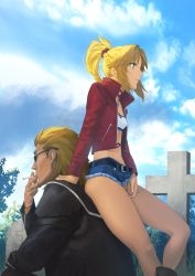 Rule 34 | 1boy, 1girl, amino (tn7135), bandeau, blonde hair, blue sky, braid, breasts, cigarette, closed mouth, cloud, cutoffs, day, facial hair, fate/apocrypha, fate (series), goatee, grass, green eyes, jacket, leather, leather jacket, long hair, midriff, mordred (fate), mordred (fate/apocrypha), mordred (memories at trifas) (fate), navel, outdoors, ponytail, red jacket, scrunchie, shishigou kairi, short shorts, shorts, sitting, sitting on person, sky, small breasts, smile, smoke, smoking, sunglasses, tombstone, tree