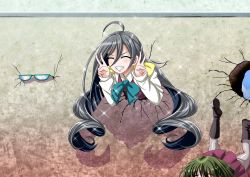 Rule 34 | 2girls, :d, ^ ^, ahoge, cameo, closed eyes, commentary request, crack, cracked wall, double v, falling, glasses, green hair, grin, highres, kabe ni hamatte ugokenai!, kantai collection, kiyoshimo (kancolle), long hair, looking at viewer, low twintails, multiple girls, okinami (kancolle), open mouth, pantyhose, parody, school uniform, short hair, silver hair, smile, sparkle, stuck, takanami (kancolle), through wall, tk8d32, twintails, v
