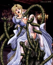 Rule 34 | 1girl, blonde hair, breasts, dress, faith (sbi), garter straps, large breasts, leg up, open mouth, rape, saliva, tears, tentacles, thighhighs, torn clothes, torn dress, torn legwear, vaginal