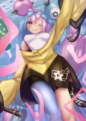 Rule 34 | 1girl, bellibolt, bow-shaped hair, character hair ornament, creatures (company), game freak, grey pantyhose, hair ornament, hexagon print, highres, iono (pokemon), jacket, long hair, low-tied long hair, multicolored hair, nintendo, oversized clothes, pantyhose, pokemon, pokemon (creature), pokemon sv, sharp teeth, shounen (hogehoge), single leg pantyhose, sleeves past fingers, sleeves past wrists, solo, split-color hair, star (symbol), star in eye, symbol in eye, teeth, very long sleeves, yellow jacket