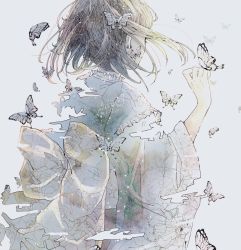Rule 34 | 1girl, back bow, bow, bug, butterfly, dated, frilled kimono, frills, grey background, highres, bug, japanese clothes, kimono, long sleeves, original, print kimono, print neckwear, signature, simple background, solo, toaruocha, upper body, white butterfly, wide sleeves