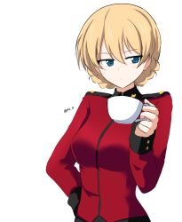Rule 34 | 1girl, absurdres, aikir (jml5160), blonde hair, blue eyes, blush, braid, closed mouth, commentary, cup, darjeeling (girls und panzer), epaulettes, girls und panzer, half-closed eyes, hand on own hip, highres, holding, holding cup, insignia, jacket, light blush, light frown, long sleeves, looking at viewer, military, military uniform, one-hour drawing challenge, red jacket, short hair, simple background, solo, st. gloriana&#039;s military uniform, teacup, twin braids, twitter username, uniform, white background