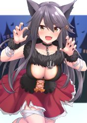 Rule 34 | 1girl, akahi242, animal ears, black hair, black nails, blush, breasts, brown eyes, chain, collarbone, fang, feet out of frame, fingernails, hair between eyes, hair ornament, hairclip, halloween, halloween costume, haruna (kancolle), highres, kantai collection, large breasts, long hair, nail polish, open mouth, red skirt, sharp fingernails, skin fang, skirt, smile, solo, v-shaped eyebrows, wolf ears