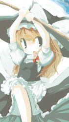 Rule 34 | 1girl, :o, apron, arms up, black eyes, black hat, black skirt, black vest, blonde hair, bow, braid, female focus, frilled apron, frills, hair bow, hat, hat bow, holding, kirisame marisa, light brown hair, long hair, looking to the side, neki-t, open mouth, red bow, shirt, skirt, solo, touhou, upskirt, vest, waist apron, white apron, white bow, white shirt, witch hat