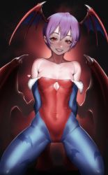 Rule 34 | 1girl, absurdres, animal print, bare shoulders, bat print, bat wings, breasts, bridal gauntlets, cleavage cutout, clothing cutout, commentary request, covered navel, demon girl, diamond cutout, fangs, full body, grin, head wings, highleg, highleg leotard, highres, kneeling, leotard, lilith aensland, nanja, off shoulder, pantyhose, print pantyhose, purple hair, red leotard, short hair, small breasts, smile, solo, strapless, strapless leotard, teeth, vampire (game), wings