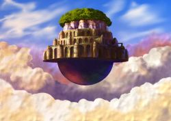 Rule 34 | above clouds, absurdres, anchoku 0621, blue sky, city, cloud, commentary request, day, fantasy, floating island, highres, huge filesize, no humans, outdoors, scenery, sky, tenkuu no shiro laputa