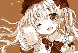Rule 34 | 1girl, ;d, alcohol, beer, beer mug, blush, bow, braid, brooch, brown background, brown theme, cabbie hat, collared shirt, commentary request, cup, foam, gloves, hair between eyes, hair bow, hands up, hat, head tilt, holding, holding cup, jewelry, long hair, monochrome, mug, one eye closed, open mouth, original, sakurazawa izumi, shirt, simple background, smile, solo, striped, striped bow, twintails, upper body