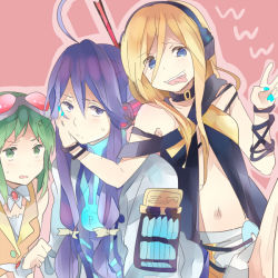 Rule 34 | 1boy, 2girls, ahoge, anger vein, bad id, bad nicoseiga id, blonde hair, blue eyes, goggles, goggles on head, green eyes, green hair, gumi, headphones, kamui gakupo, lily (vocaloid), long hair, looking at viewer, multiple girls, navel, open mouth, ousaka nozomi, ponytail, short hair, smile, sweatdrop, tongue, v, vocaloid