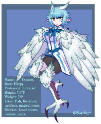 Rule 34 | 1girl, artist name, belt, bird legs, black footwear, blue background, blue hair, blue ribbon, blue shirt, breasts, character name, character profile, feather hair, feathered wings, feathers, harpy, medium breasts, monster girl, original, pointy ears, ribbon, shirt, short hair, sleeveless, sleeveless shirt, solo, talons, tenk, white feathers, white shirt, white wings, wings, yellow eyes