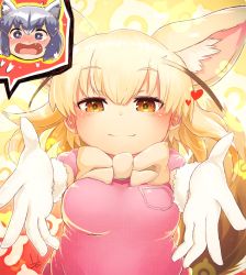 Rule 34 | 10s, 2girls, animal ears, blonde hair, blush, bow, bowtie, breast pocket, breasts, brown eyes, closed mouth, commentary request, common raccoon (kemono friends), fang, fennec (kemono friends), fox ears, fox tail, gloves, gradient hair, grey hair, half-closed eyes, heart, japari symbol, kemono friends, looking at viewer, medium breasts, multicolored hair, multiple girls, open mouth, pink shirt, pocket, puffy short sleeves, puffy sleeves, raccoon ears, reaching, reaching towards viewer, saebashi, shirt, short hair, short sleeves, smile, tail, thought bubble, two-tone hair, upper body, yellow bow, yuri