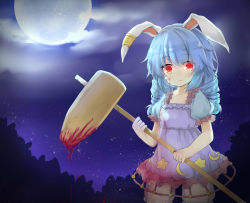 Rule 34 | 1girl, ambiguous red liquid, animal ears, bad id, bad pixiv id, blood, blood drip, blood on face, bloomers, blue dress, blue hair, cloud, crescent, dress, earclip, ellipsis (mitei), full moon, kine, long hair, mallet, moon, night, night sky, outdoors, puffy short sleeves, puffy sleeves, rabbit ears, red eyes, see-through, seiran (touhou), short sleeves, sky, solo, stain, star (sky), star (symbol), touhou, twintails, underwear
