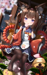 Rule 34 | 1girl, absurdres, amagi-chan (azur lane), animal ear fluff, animal ears, architecture, azur lane, bell, bird, black hair, black pantyhose, blunt bangs, blurry, blush, candy, cherry blossoms, chick, child, commentary request, denfunsan, depth of field, east asian architecture, eyeshadow, food, fox ears, fox girl, fox tail, frilled skirt, frills, hair between eyes, hair ornament, highres, holding, holding candy, holding food, holding lollipop, japanese clothes, kitsune, knees together feet apart, kyuubi, lollipop, long hair, long sleeves, looking at viewer, makeup, manjuu (azur lane), multiple tails, pantyhose, petals, purple eyes, rope, shimenawa, shouji, sidelocks, sitting, skirt, sliding doors, stomping, tail, thick eyebrows, toes, tongue, tongue out, twintails, wide sleeves