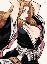 Rule 34 | 1girl, absurdres, apoloniodraws, arms up, black robe, bleach, blonde hair, blue eyes, breasts, highres, japanese clothes, large breasts, long hair, matsumoto rangiku, mole, mole under mouth, robe, simple background, upper body, white background