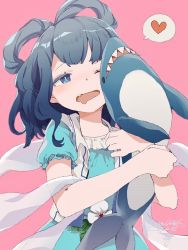 Rule 34 | 1girl, blue dress, blue eyes, blue hair, blush, commentary request, dress, drooling, eyebrows hidden by hair, fang, flat chest, flower, hagoromo, hair rings, heart, holding, holding stuffed toy, kaku seiga, ladenaku, medium hair, mouth drool, one eye closed, open clothes, open vest, pink background, shawl, signature, simple background, solo, spoken heart, stuffed animal, stuffed shark, stuffed toy, touhou, upper body, vest