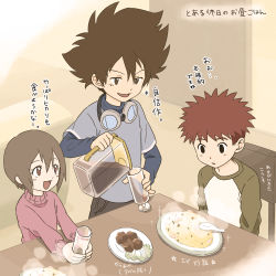 Rule 34 | 1girl, 3boys, brown eyes, brown hair, child, commentary, digimon, digimon adventure, food, gdn0522, goggles, hair between eyes, highres, indoors, izumi koshiro, layered sleeves, long sleeves, multiple boys, open mouth, pitcher (container), plate, pouring, shirt, short hair, short over long sleeves, short sleeves, smile, translation request, yagami hikari, yagami taichi