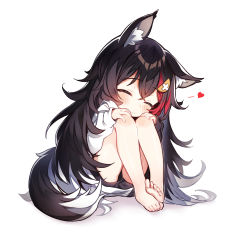 Rule 34 | 1girl, ^ ^, absurdres, aged down, animal ear fluff, animal ears, barefoot, black hair, black shorts, blush, closed eyes, closed mouth, deany, feet, full body, hair between eyes, hair ornament, hairclip, hands on own knees, heart, highres, hololive, knees up, legs, long hair, long sleeves, looking at viewer, messy hair, multicolored hair, ookami mio, ookami mio (casual), red hair, shirt, short shorts, shorts, simple background, sitting, smile, soles, solo, streaked hair, tail, thighs, toes, virtual youtuber, white background, white shirt, wolf ears, wolf girl, wolf tail