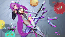 Rule 34 | 1girl, 300 heroes, asymmetrical gloves, breasts, cleavage, detached sleeves, elbow gloves, gloves, headgear, isha (300 heroes), large breasts, leotard, long hair, lying, making-of available, mismatched gloves, on back, purple eyes, purple hair, single elbow glove, solo, thighhighs, wangchuan de quanyan, weapon