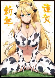 Rule 34 | 1girl, absurdres, ahoge, animal ears, animal print, aqua eyes, artoria pendragon (fate), artoria pendragon (lancer) (fate), bell, bikini, blonde hair, breasts, cleavage, closed mouth, cow ears, cow horns, cow print, cow print bikini, cow print thighhighs, cow tail, elbow gloves, fake animal ears, fake horns, fake tail, fate/grand order, fate (series), gloves, grass, hair between eyes, highres, horns, huge breasts, kyouan (hiromituisgod), large breasts, long hair, looking at viewer, navel, neck bell, ponytail, print bikini, print thighhighs, sitting, smile, solo, swimsuit, tail, thighhighs