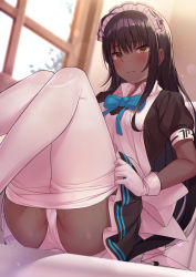 Rule 34 | 1girl, ahoge, ass, bad id, bad pixiv id, black hair, blue archive, blue neckwear, bow, bowtie, closed mouth, clothes pull, dark-skinned female, dark skin, gloves, highres, indoors, karin (blue archive), long hair, looking at viewer, maid, maid headdress, necktie, panties, pantyhose, pantyhose pull, pulling own clothes, sitting, solo, super nagoyaka, sweat, underwear, white gloves, white panties, white pantyhose, window, yellow eyes