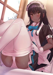 1girl ahoge ass bad_id bad_pixiv_id black_hair blue_archive blue_neckwear bow bowtie closed_mouth clothes_pull dark-skinned_female dark_skin gloves highres indoors karin_(blue_archive) long_hair looking_at_viewer maid maid_headdress necktie panties pantyhose pantyhose_pull pulling_own_clothes sitting solo super_nagoyaka sweat underwear white_gloves white_panties white_pantyhose window yellow_eyes