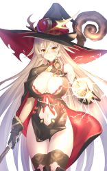 Rule 34 | 1girl, black dress, black footwear, black gloves, blonde hair, boots, bra, breasts, brown thighhighs, center opening, clothing cutout, cowboy shot, dress, electricity, gloves, hair between eyes, hat, highres, holding, holding staff, izupix, large breasts, long hair, looking at viewer, magic, navel, navel cutout, nijisanji, nui sociere, nui sociere (1st costume), red bra, red ribbon, ribbon, short dress, side slit, simple background, single bare shoulder, smile, solo, staff, thigh boots, thighhighs, thighhighs under boots, underwear, very long hair, virtual youtuber, white background, witch hat, yellow eyes