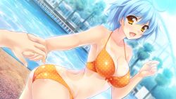 Rule 34 | 1girl, ass, ayase hazuki, bikini, blue hair, blush, breasts, cleavage, game cg, happy, kamidere, large breasts, legs, looking at viewer, open mouth, pool, poolside, short hair, smile, solo focus, standing, swimsuit, tan, tanline, thighs, water, yellow eyes