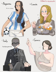 Rule 34 | 4girls, ancient greek clothes, argentina (ohasi), argentinian flag, argentinian flag print, ball, black necktie, blonde hair, blue eyes, breasts, canada (ohasi), closed eyes, facing viewer, flag print, formal, greco-roman clothes, greece (ohasi), hand on own hip, highres, holding, holding spoon, italy (ohasi), large breasts, long hair, looking at viewer, multiple girls, necktie, ohasi, original, round eyewear, short hair, soccer ball, soccer uniform, spoon, sportswear, suit, syrup, tan
