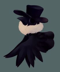 Rule 34 | animal focus, bird, black bird, black headwear, blue background, commentary request, feathers, fur scarf, hat, lobotomy corporation, looking at viewer, masyu ori, no humans, plague doctor (project moon), plague doctor mask, project moon, scarf, simple background, top hat, white scarf