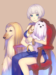 Rule 34 | 1girl, afghan hound, animal, armchair, blue dress, blue eyes, bracelet, breasts, brown background, chair, cleavage, closed mouth, clothing cutout, dog, dress, enkyo yuuichirou, feet out of frame, grey hair, highres, hisho collection, holding, holding animal, holding dog, jewelry, lhasa apso, long dress, looking at viewer, medium breasts, mole, mole under eye, necklace, short hair, side cutout, simple background, smile