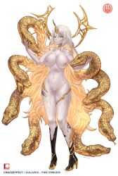 Rule 34 | 1girl, absurdres, blonde hair, breasts, cleavage, crazzeffect, fire emblem, fire emblem heroes, gullveig (fire emblem), high heels, highres, large breasts, long hair, multicolored hair, navel, nintendo, nipples, nude, oni horn, pale skin, patreon, patreon username, snake, solo, spikes, tagme, white hair, wide hips, yellow eyes