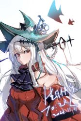 Rule 34 | 1girl, angelfish, aqua hat, arknights, ascot, black ascot, breasts, christory yyb, dated, detached sleeves, dress, fish, grey hair, hair between eyes, hat, hat ornament, headgear, highres, long hair, looking at viewer, official alternate costume, red dress, red eyes, red sleeves, skadi (arknights), skadi the corrupting heart (arknights), small breasts, solo, upper body