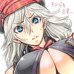 Rule 34 | 10s, 1girl, alisa ilinichina amiella, amania orz, blue eyes, blush, breasts, god eater, god eater burst, image sample, large breasts, long hair, looking at viewer, namco, no bra, silver hair, simple background, solo, sweat, underboob, white background