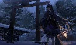 Rule 34 | 1girl, animal ears, arknights, azure silan, black hair, black kimono, broom, chinese commentary, closed mouth, commentary request, grey eyes, highres, holding, holding broom, japanese clothes, kimono, long hair, looking to the side, outdoors, plant, railing, saga (arknights), snow, snowing, solo, stairs, standing, stone lantern, stone stairs, torii, town, tree, very long hair, wind