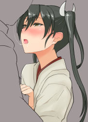 Rule 34 | 10s, 1boy, 1girl, after kiss, black hair, blush, faceless, faceless male, green eyes, height difference, hetero, holding hands, japanese clothes, kantai collection, kiss, long hair, looking at another, open mouth, partially colored, saliva, saliva trail, simple background, tongue, tongue out, tsurugi (the horizon), twintails, zuikaku (kancolle)