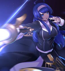 Rule 34 | 1girl, ahoge, attack, blue eyes, blue hair, breasts, dark background, gaien (jin morisono), highres, holding, holding sword, holding weapon, large breasts, long hair, nun, orie ballardiae harada, pointing, pointing at viewer, pointing sword, solo, sword, under night in-birth, weapon