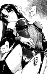 Rule 34 | 1girl, amazume ryuuta, bdsm, bdsm latex, bdsm outfit, black hair, black thighhighs, breasts, chigusa nana, closed mouth, greyscale, groin, leather thighhighs, lock, long hair, medium breasts, monochrome, nana to kaoru, navel, official art, speech bubble, standing, stomach, thighhighs, thighs, thought bubble