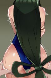 Rule 34 | 1boy, 1girl, ass, ass grab, asui tsuyu, bare shoulders, boku no hero academia, frog girl, from behind, green hair, highres, huge ass, long hair, neptureshow, one-piece swimsuit, simple background, sweat, swimsuit, thigh gap, thighs, trembling